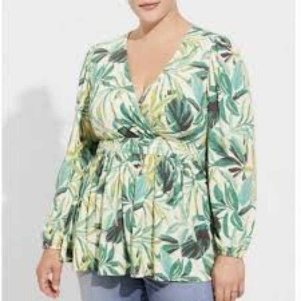 Torrid Textured Knit Surplice Puff Sleeve Babydoll Top Green Tropical Womens 5X